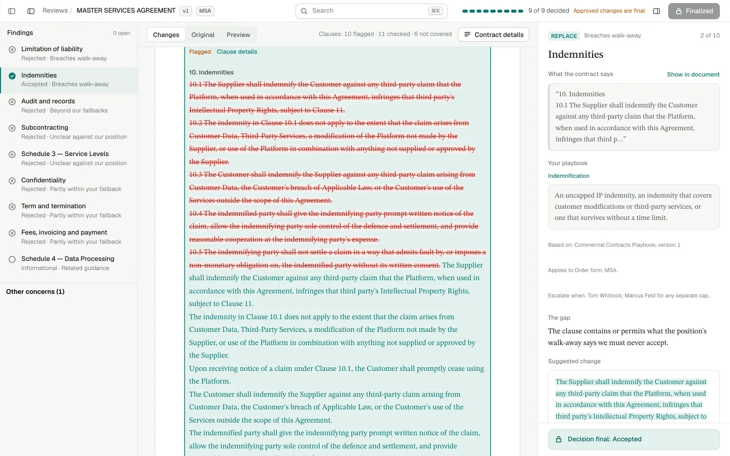 The Rivell review workspace. On the left, ten findings for the Kestrel master services agreement. In the middle, the indemnities clause with tracked changes. On the right, the finding with the playbook position, the gap and the suggested wording.